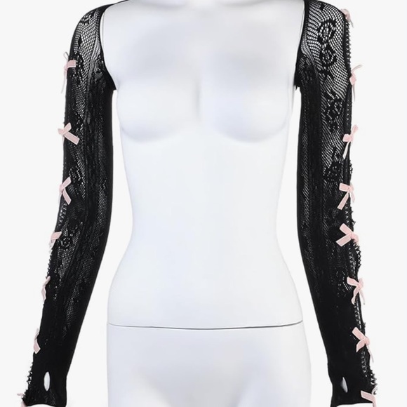 Black lace pink bow long sleeve bolero shrug sweater top NWT gothic Lolita doll - Picture 3 of 5